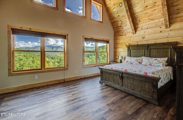 bedroom featuring wood ceiling, beamed ceiling, dark wood-type flooring, and high vaulted ceiling