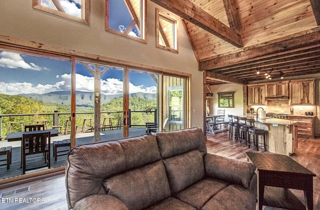 living room with a mountain view, sink, beam ceiling, french doors, and dark wood-type flooring