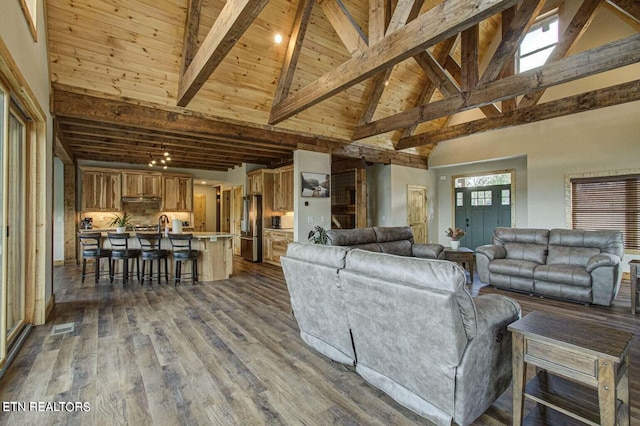 living room featuring wood ceiling, beam ceiling, hardwood / wood-style floors, and high vaulted ceiling