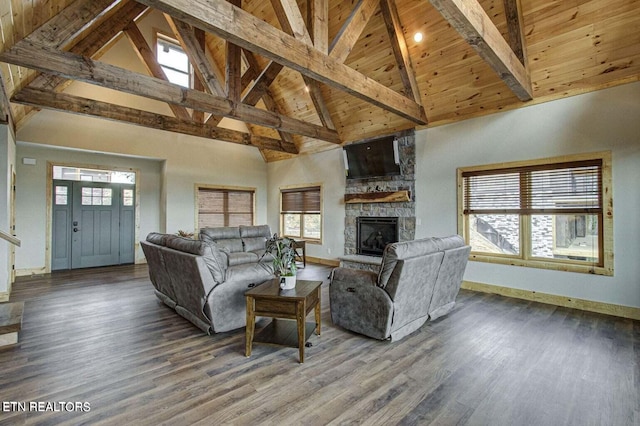 living room with high vaulted ceiling, beamed ceiling, wooden ceiling, and hardwood / wood-style floors
