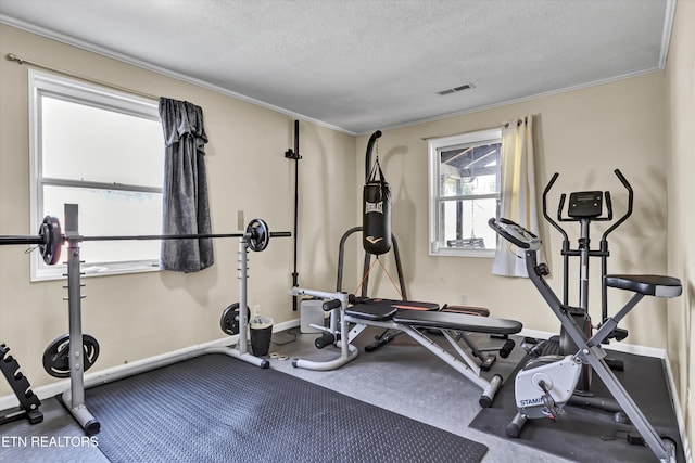 exercise area with crown molding and a textured ceiling