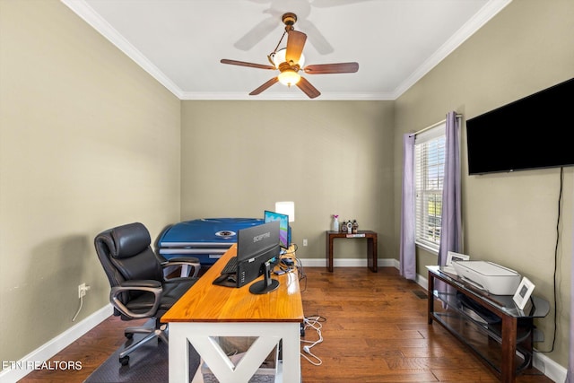 office space with crown molding, ceiling fan, and dark wood-type flooring