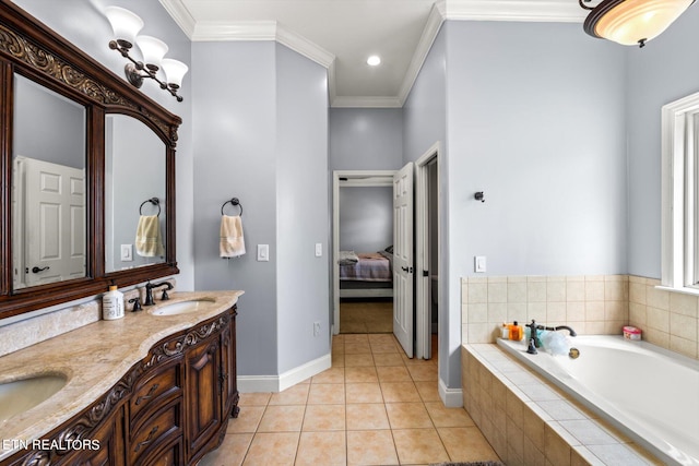 bathroom with a relaxing tiled tub, ornamental molding, tile patterned floors, and vanity