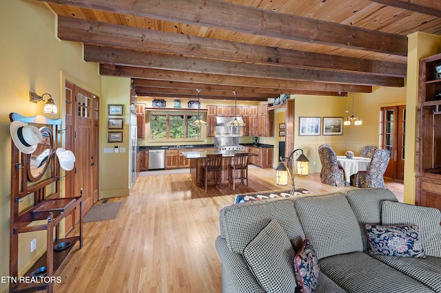 living room with wooden ceiling, beam ceiling, and light wood-type flooring