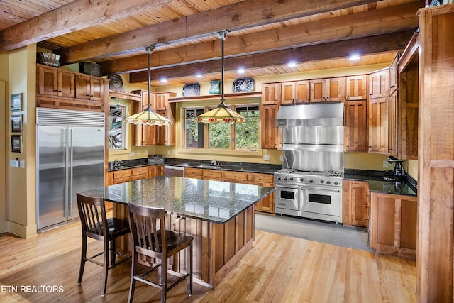 kitchen with hanging light fixtures, a kitchen island, premium appliances, wooden ceiling, and beam ceiling