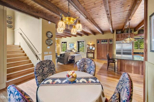 dining space featuring light hardwood / wood-style flooring, wood ceiling, beam ceiling, and a notable chandelier