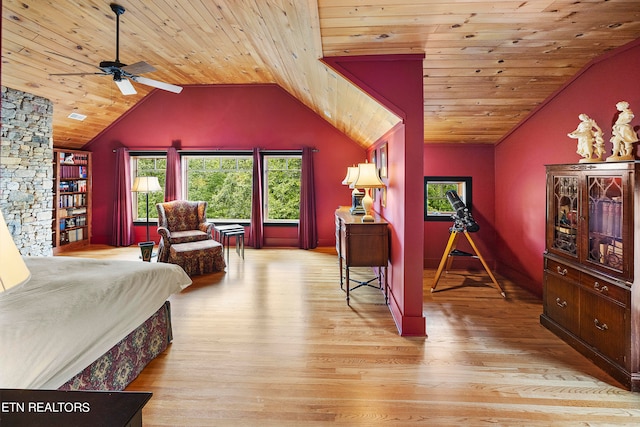 bedroom featuring light hardwood / wood-style floors, high vaulted ceiling, and wooden ceiling