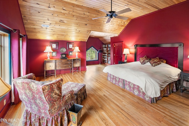 bedroom with wooden ceiling, lofted ceiling, ceiling fan, and light hardwood / wood-style flooring