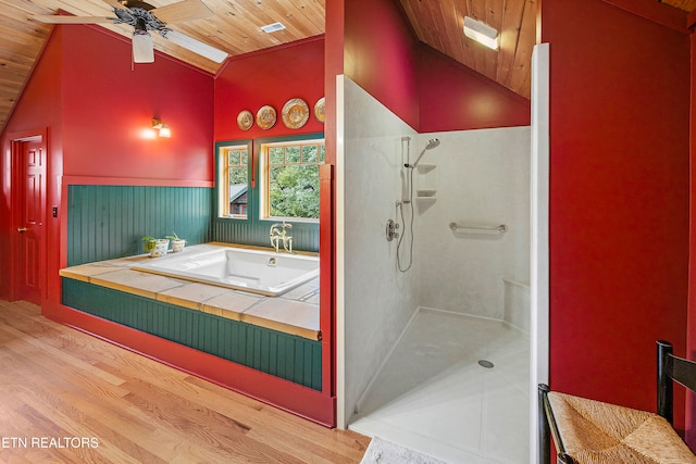 bathroom featuring wood ceiling, vaulted ceiling, hardwood / wood-style floors, and plus walk in shower