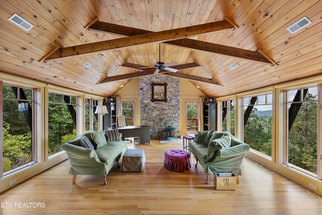 sunroom / solarium with vaulted ceiling with beams, wooden ceiling, and a healthy amount of sunlight