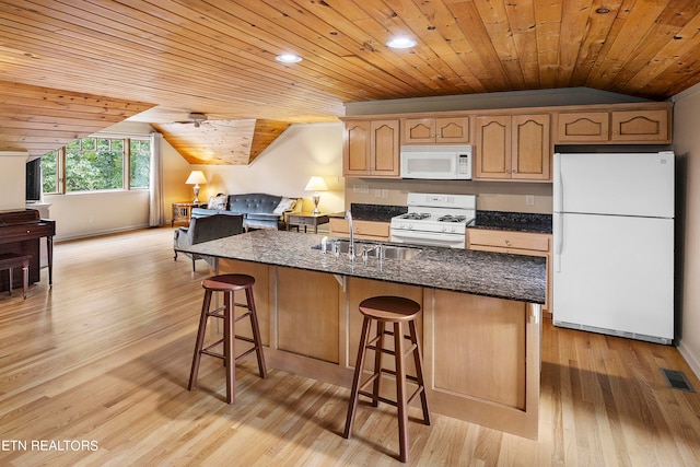 kitchen with light hardwood / wood-style floors, lofted ceiling, white appliances, a center island with sink, and wooden ceiling