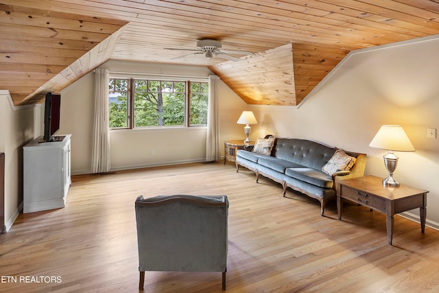 living room featuring ceiling fan, lofted ceiling, light hardwood / wood-style floors, and wood ceiling