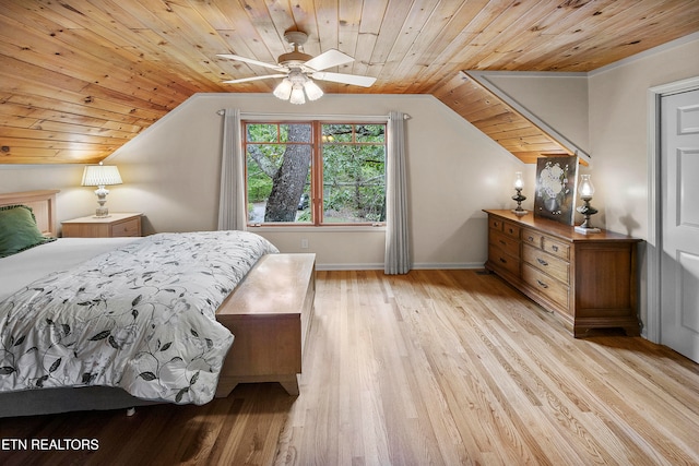 bedroom featuring light hardwood / wood-style floors, lofted ceiling, ceiling fan, and wooden ceiling