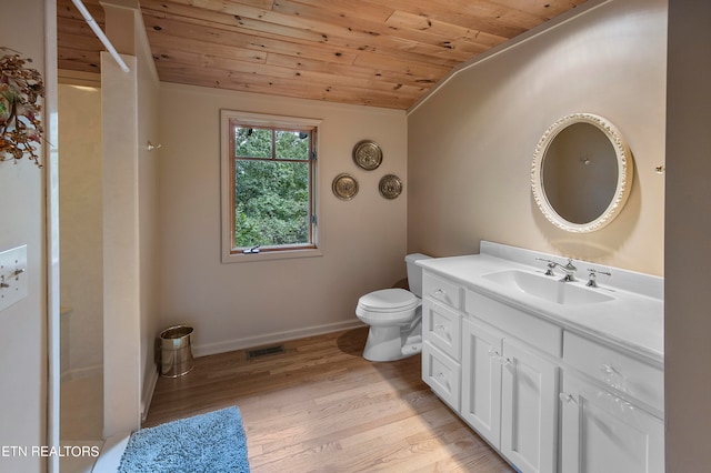 bathroom with vanity, wooden ceiling, wood-type flooring, lofted ceiling, and toilet