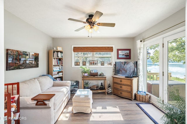 living room with light hardwood / wood-style floors, ceiling fan, and plenty of natural light