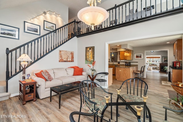 living room featuring light hardwood / wood-style flooring and high vaulted ceiling