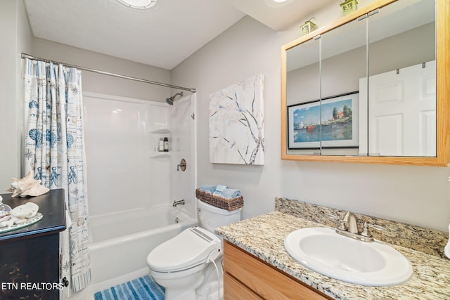 full bathroom with vanity, toilet, and shower / bath combination with curtain