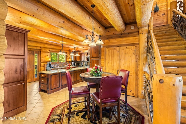 dining room with rustic walls, light tile patterned floors, beam ceiling, and an inviting chandelier