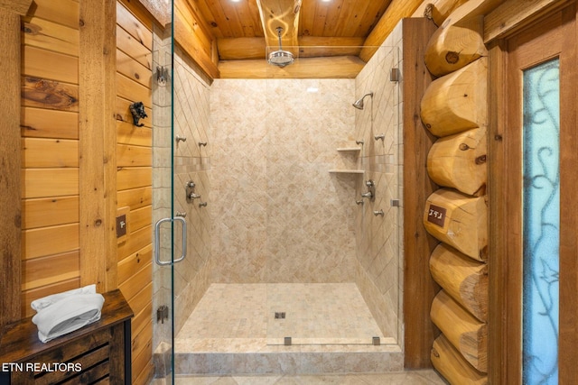 bathroom with an enclosed shower and wood ceiling