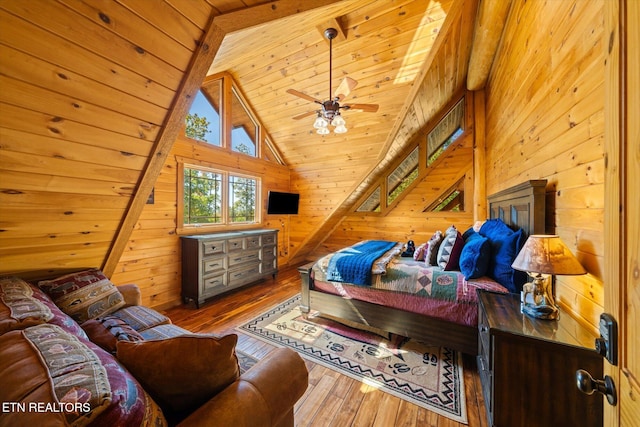 bedroom featuring wood-type flooring, lofted ceiling, wooden walls, wooden ceiling, and ceiling fan