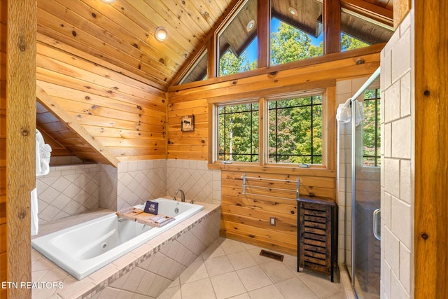 bathroom featuring tile patterned floors, independent shower and bath, vaulted ceiling, and wooden ceiling