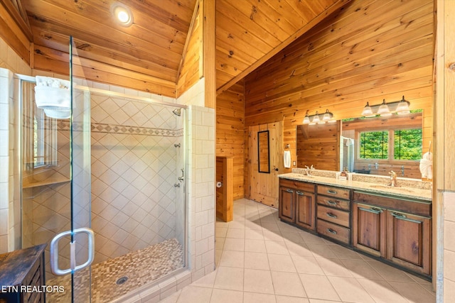 bathroom featuring walk in shower, tile patterned flooring, wood walls, and wood ceiling