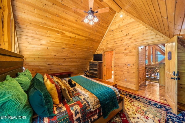 bedroom with hardwood / wood-style flooring, wooden walls, wood ceiling, and lofted ceiling with beams