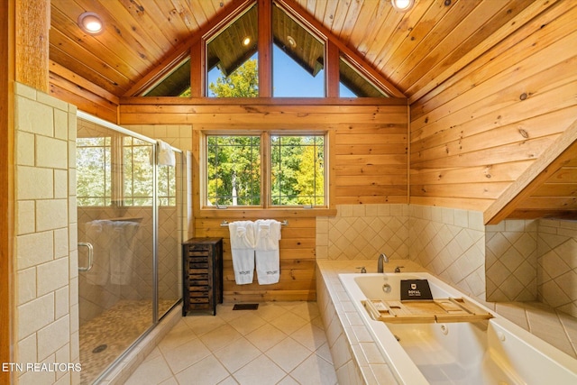 bathroom featuring separate shower and tub, wood walls, tile patterned floors, and wooden ceiling