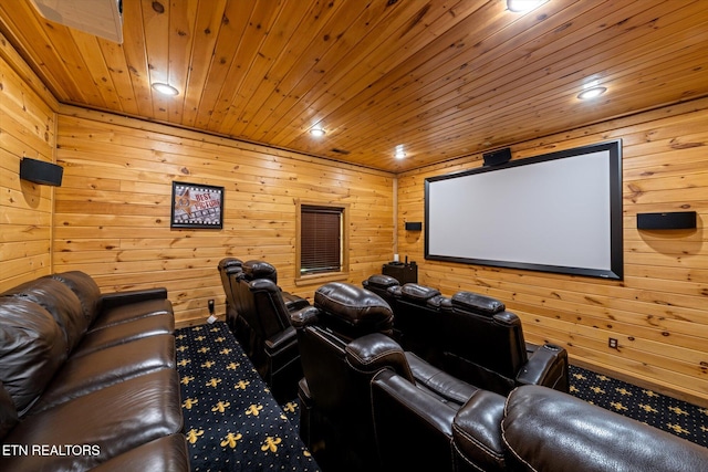 home theater with wood walls and wood ceiling