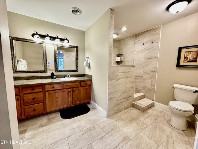 full bathroom with a walk in shower, marble finish floor, toilet, baseboards, and visible vents
