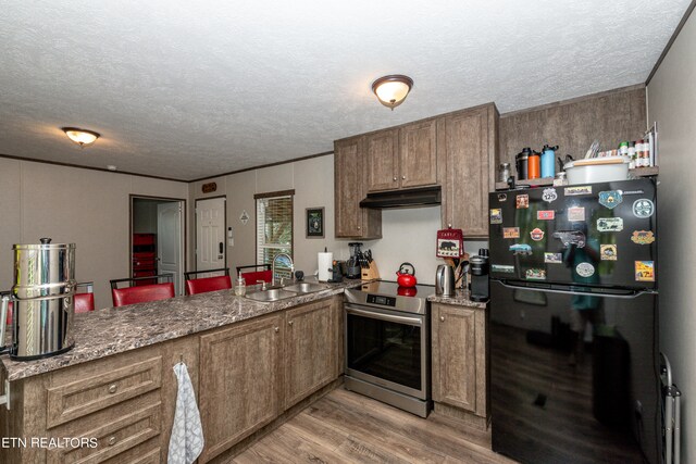 kitchen featuring fridge, light hardwood / wood-style flooring, stainless steel range oven, sink, and kitchen peninsula