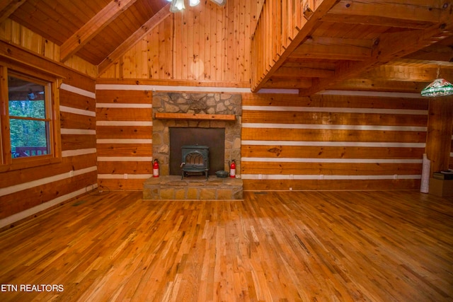 unfurnished living room with a wood stove, wooden walls, lofted ceiling with beams, wooden ceiling, and hardwood / wood-style floors