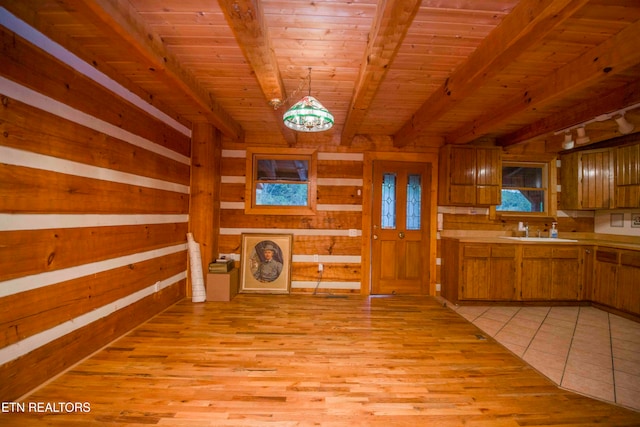 kitchen with wood ceiling, hanging light fixtures, and wood walls