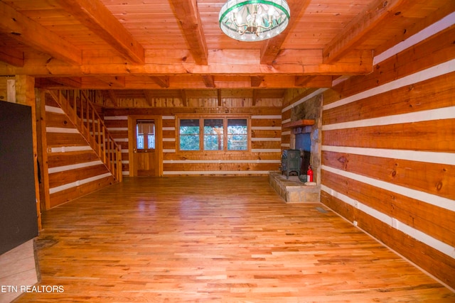 unfurnished living room featuring light hardwood / wood-style flooring, wood walls, and wooden ceiling