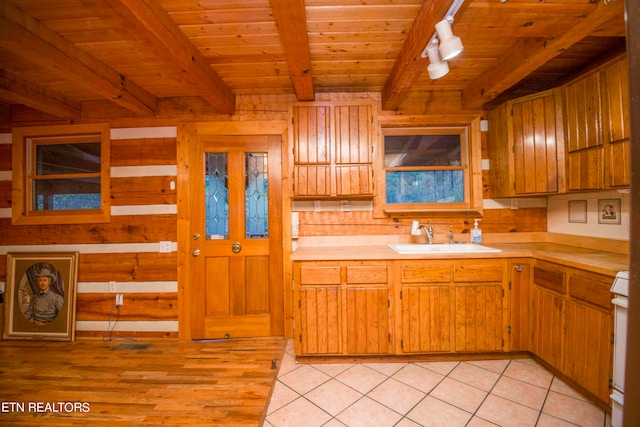 kitchen featuring light tile patterned flooring, white range, wooden ceiling, beam ceiling, and sink