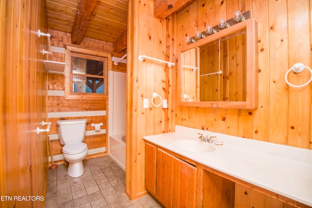 bathroom featuring wood walls, beamed ceiling, toilet, wooden ceiling, and vanity