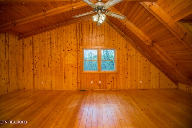 bonus room featuring wood ceiling, hardwood / wood-style flooring, and wooden walls