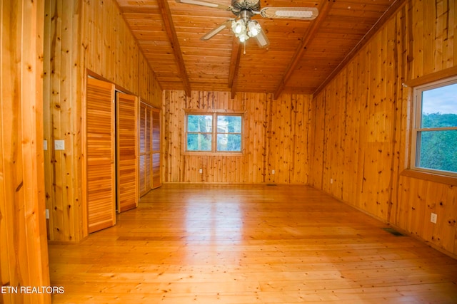 unfurnished room featuring ceiling fan, wood walls, light hardwood / wood-style floors, and wooden ceiling