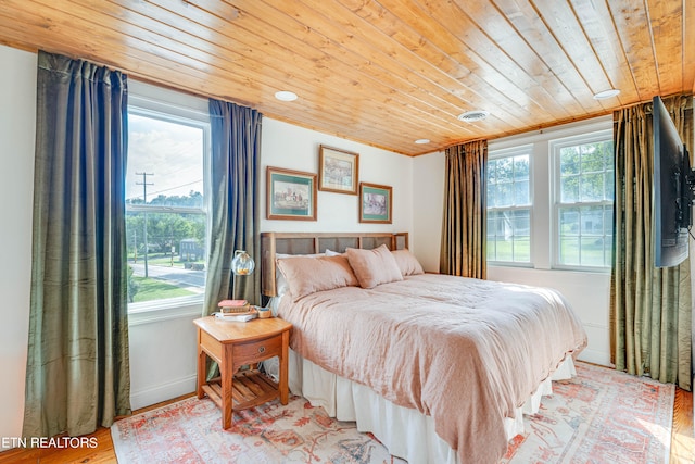 bedroom featuring multiple windows, wood ceiling, and hardwood / wood-style flooring