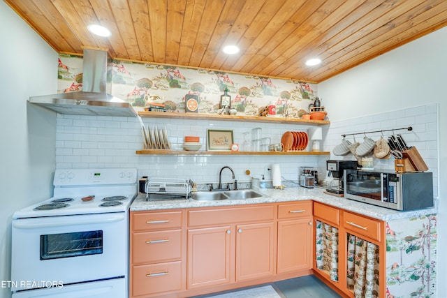 kitchen featuring wood ceiling, sink, wall chimney exhaust hood, electric range, and decorative backsplash