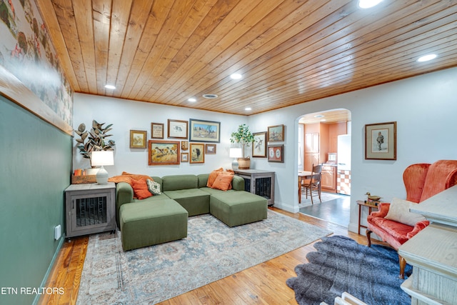 living room featuring wooden ceiling and hardwood / wood-style floors