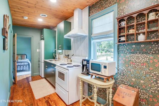 kitchen featuring dark wood-type flooring, sink, range hood, white appliances, and wooden ceiling