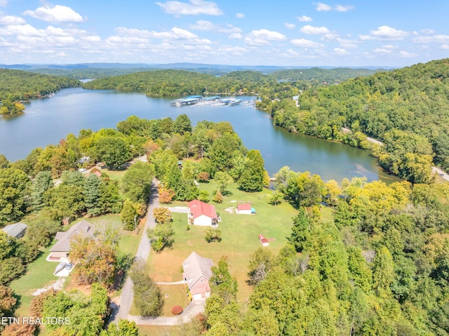 drone / aerial view featuring a water view