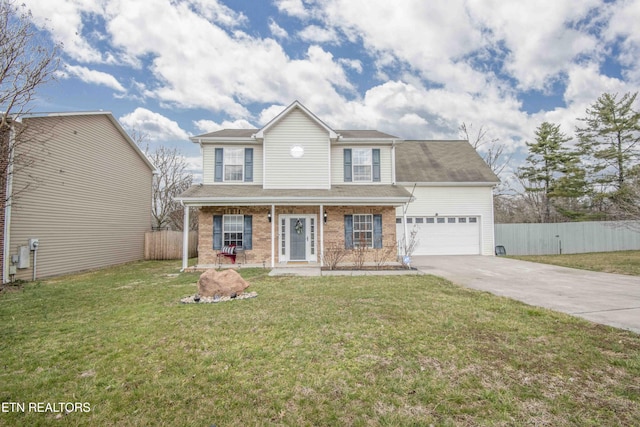 view of front of property featuring concrete driveway, an attached garage, covered porch, fence, and brick siding