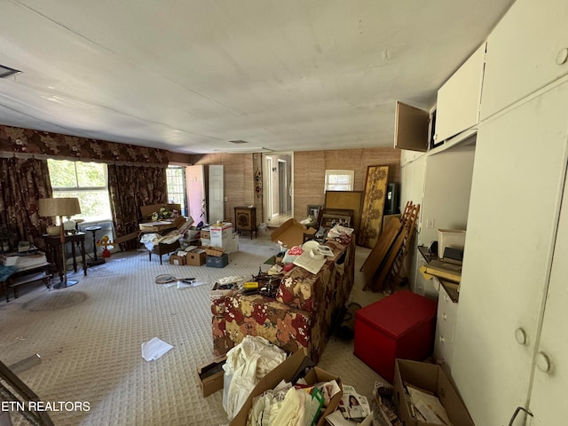 miscellaneous room featuring light carpet and brick wall