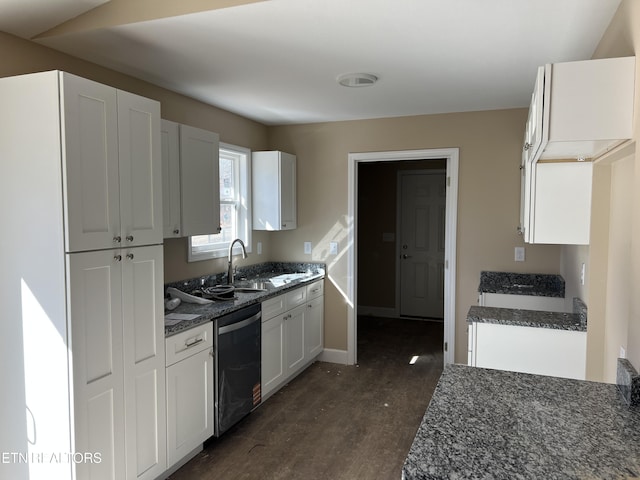 kitchen with dark stone counters, a sink, white cabinetry, dishwasher, and dark wood finished floors