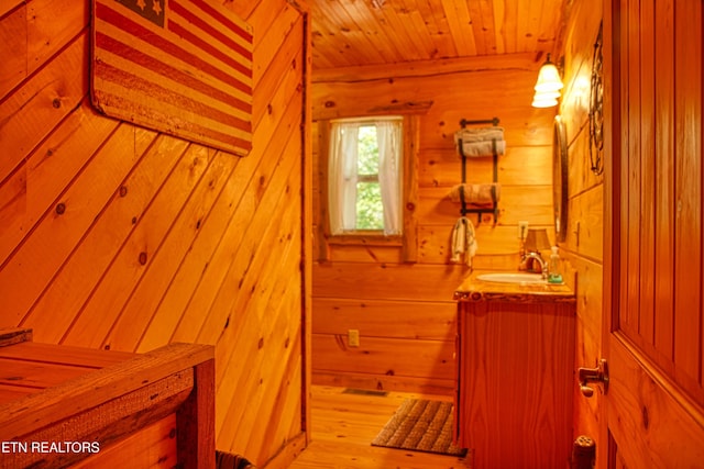 bathroom featuring vanity, wood walls, and hardwood / wood-style flooring