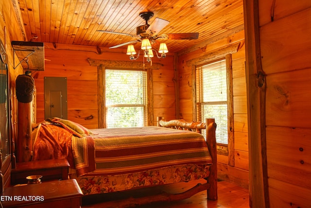 bedroom with ceiling fan, hardwood / wood-style floors, wooden ceiling, electric panel, and wood walls