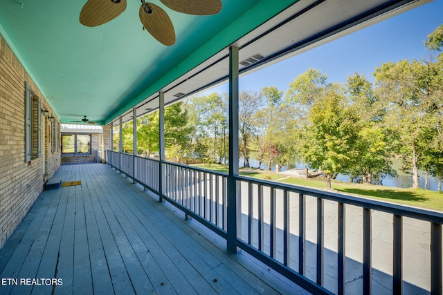 deck featuring a water view and ceiling fan