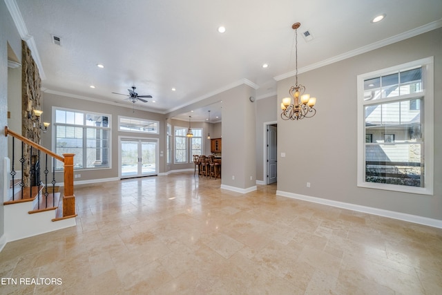 unfurnished living room with ornamental molding, ceiling fan with notable chandelier, and french doors